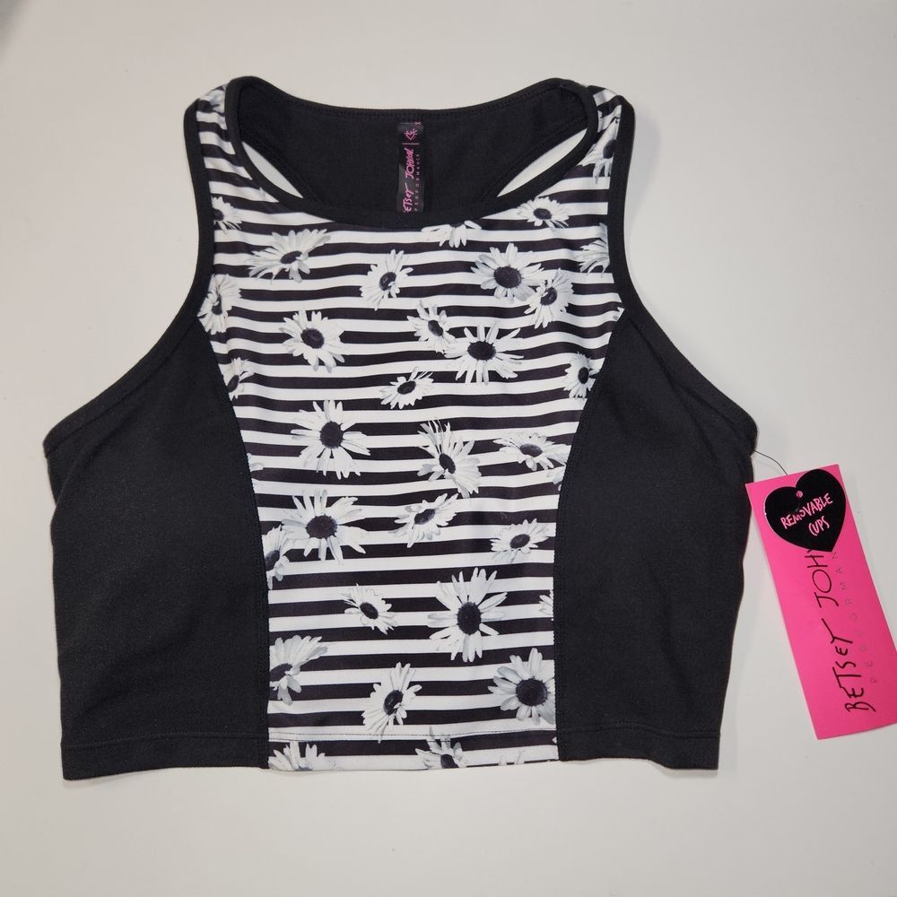 Betsey Johnson Performance Tank Sports Bra Black/White Stripes Daisy MEDIUM NEW